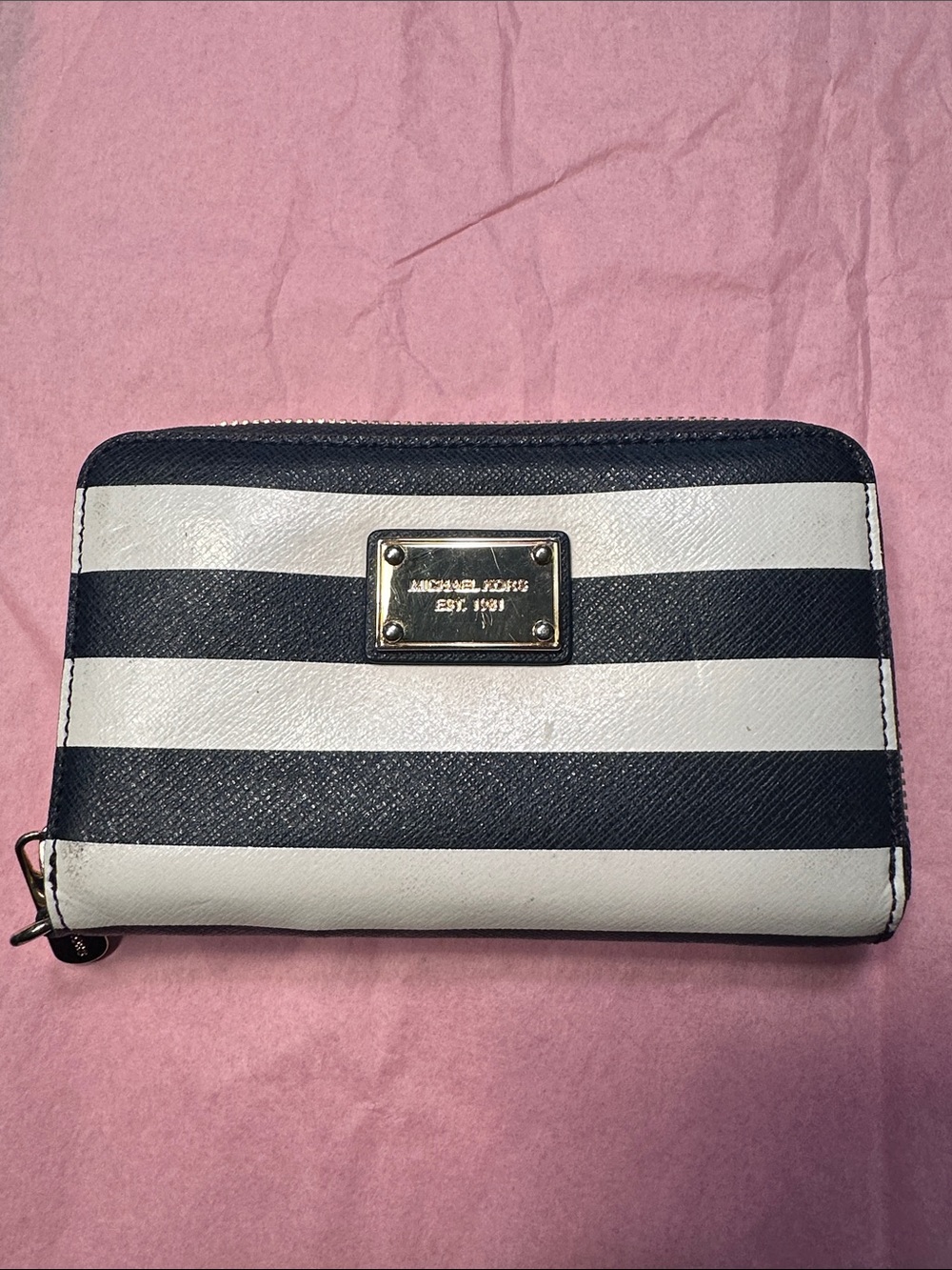 Michael Kors Blue and White Striped Zip-Around Wallet